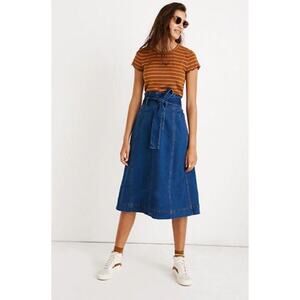 Madewell Women 6 A-Line Paperbag Blue Denim Midi Skirt Belt Pockets Zip Fitted